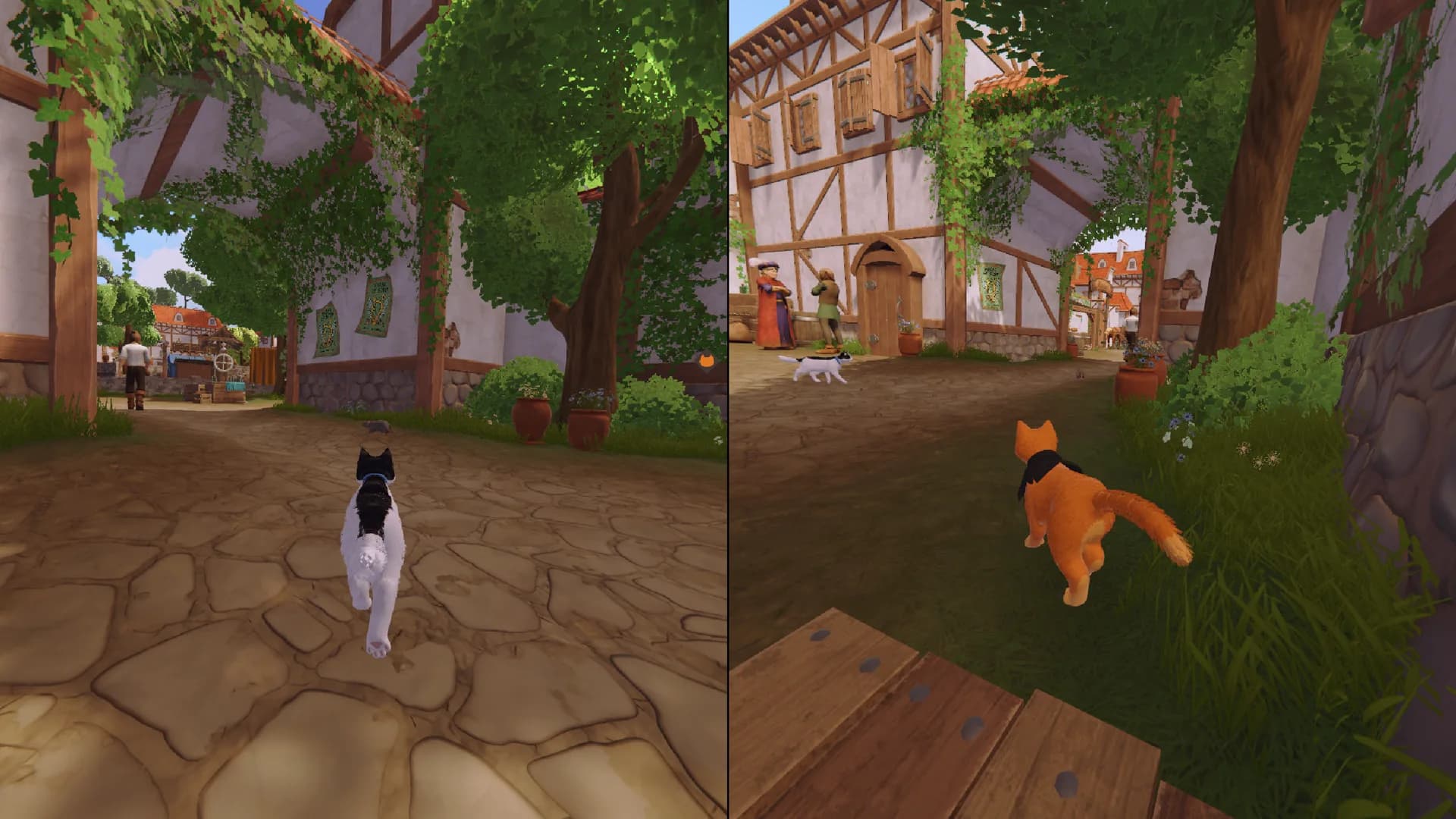 Split-screen co-op: two cats explore a medieval village